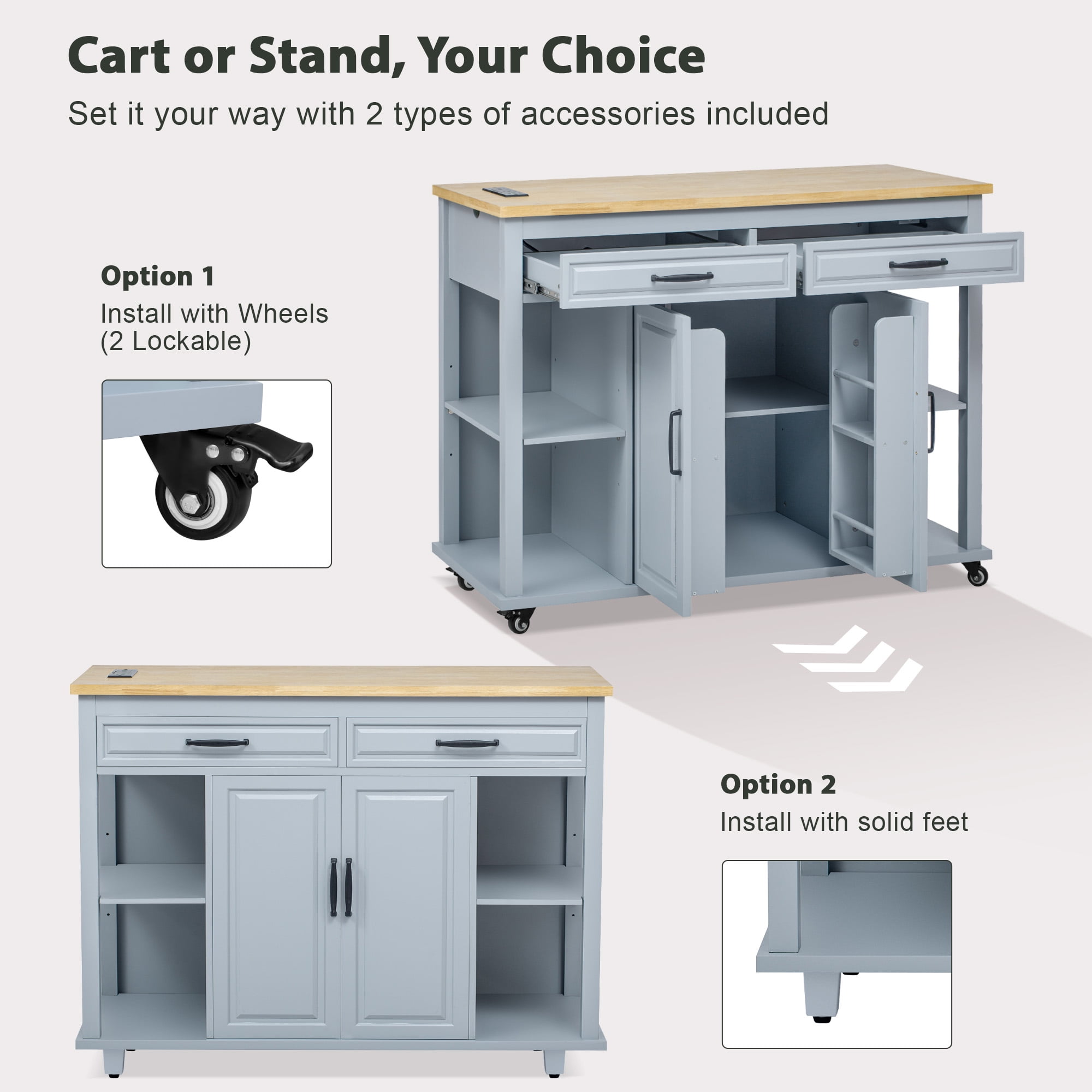 Yoneston 47" Farmhouse Kitchen Island with Power Outlet, Multifunctional Kitchen Trolley with Drop Leaf, Internal Storage Rack and 2 Drawers 2 Cabinet for Kitchen, Dining Room, Blue