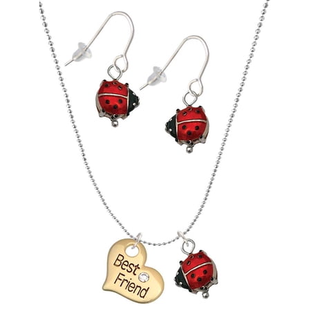 Delight Jewelry Goldtone Large Best Friend Heart with Crystal – Red Lucky Ladybug Necklace and Dangle Earrings Set