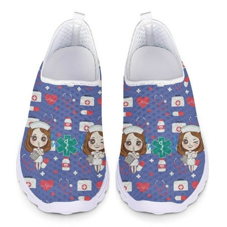 Big Size Nursing Shoes for Women Cute Nurse Doctor Print Loafers Woman Slip On Flats Mesh Sneakers Summer Ladies Casual Shoes