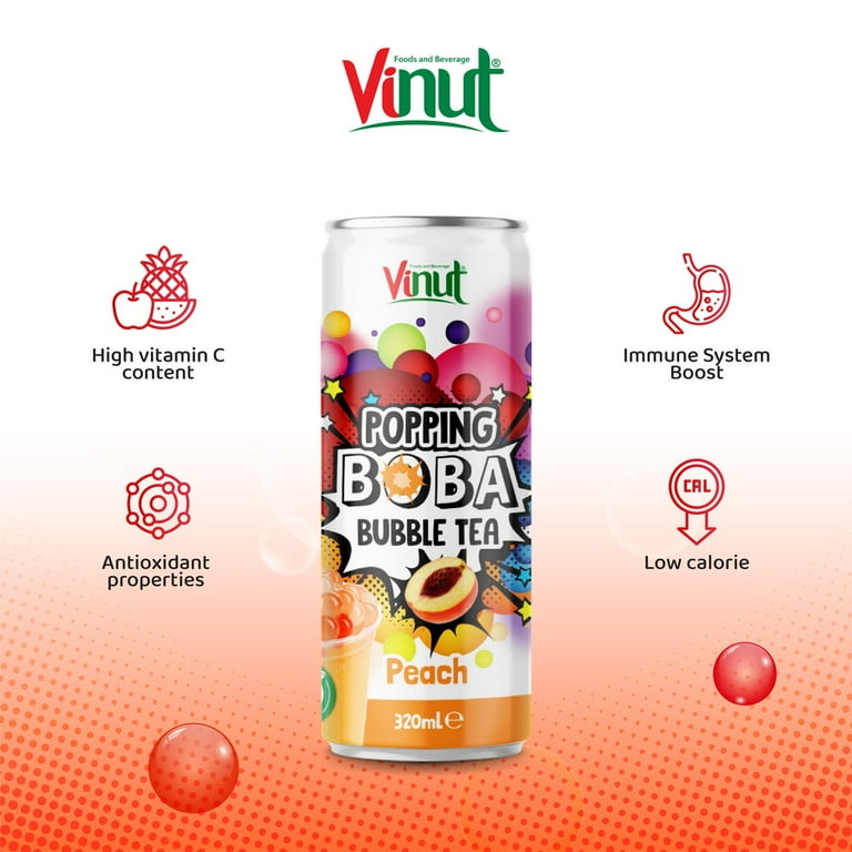 Vinut Popping Boba bubble tea with peach flavor- 11Oz. -Pack of 12