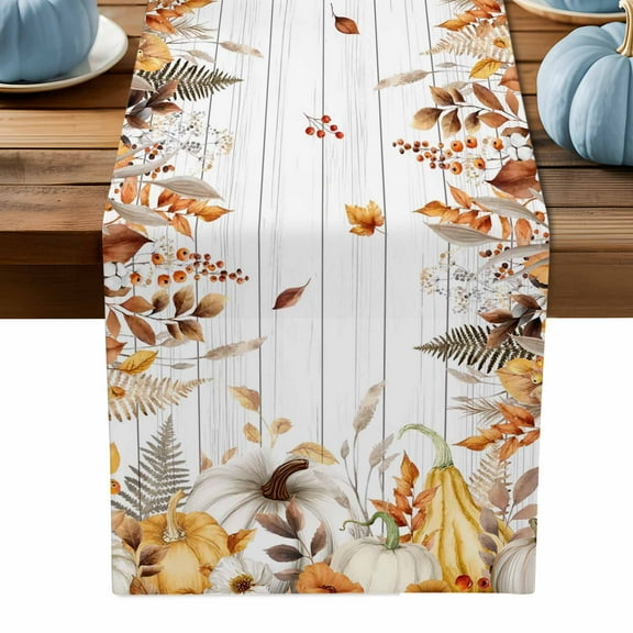 ERUNPONLY Fall Grey Orange Table Runner - 36 Inch Long Thanksgiving Pumpkins Vintage Maple Leaf Cotton Linen Blended Dress Scarves Farmhouse Table Runner for Kitchen Dining, Coffee Table, 13" x 36"