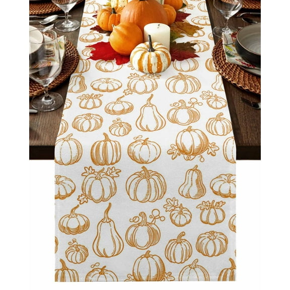 Country Autumn Orange Pumpkin Table Runner-36 Inch Long Retro Abstract Line Table Runners Linen Burlap Tablerunner for Kitchen Dining Room Holiday Party