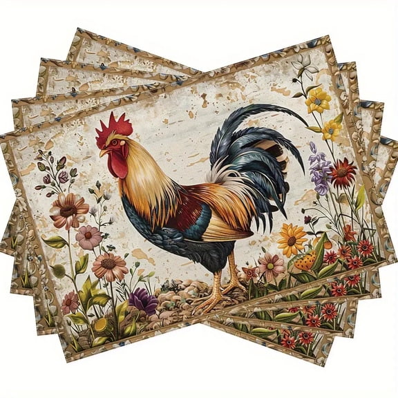 4Farmhouse Rooster Placemats Rustic Chicken Imitation Placemat Farm Heat Resistant Dining Place Mats Country Vintage Florals Table Mats for Kitchen Indoor Restaurants
