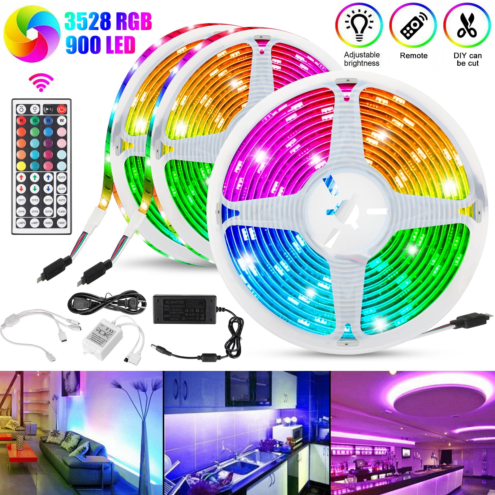 50FT 3528 RGB 15M LED Strip Light Fairy Lights Room Party Bar Power Tape Set US 
