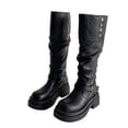 thumbnail image 6 of Women's Slouchy Knee High Boots Mid Calf Chunky Platform Boots Round Toe Riding Biker Boots with Adjustable Buckle Viking Gothic Faux Leather Shoes, 6 of 9