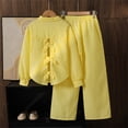 thumbnail image 4 of LYHaoo 2 Pcs Outfits Sets for Girls Girls Autumn Outfit Long Sleeve Button Down Shirt With Bow And Classic Striped Pants Comfortable Casual Wear For Girls Sizes 7-8 Years(Yellow), 4 of 5