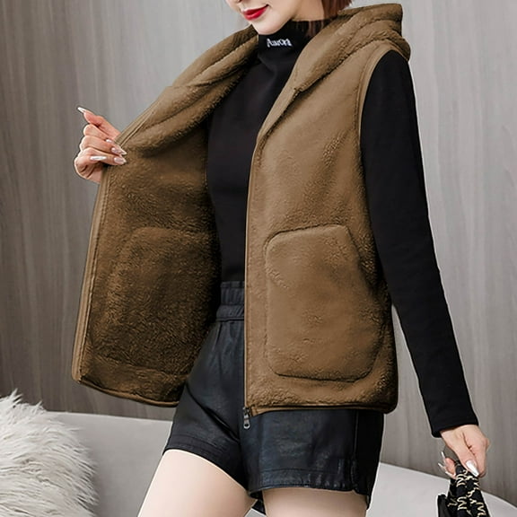 Fanxing Plus Size Fleece Vest for Women with Hood Zip Up Sleeveless Sherpa Jackets Winter Warm Outwear with Pockets Brown 3XL
