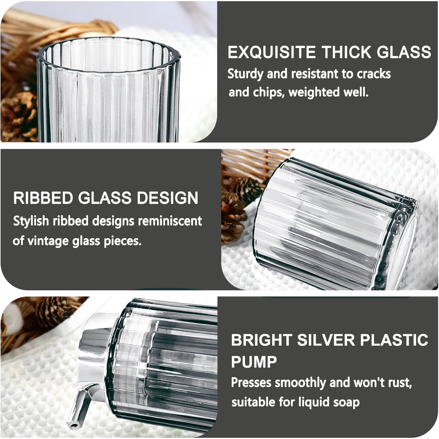CERBIOR Bathroom Accessories Set, 4 Pcs Glass Bathroom Accessories Sets Complete w/Soap Dispenser, Soap Dish ,Toothbrush Holder,Tumbler, Bathroom Decor, Gift for Home Apartment, Silver Grey