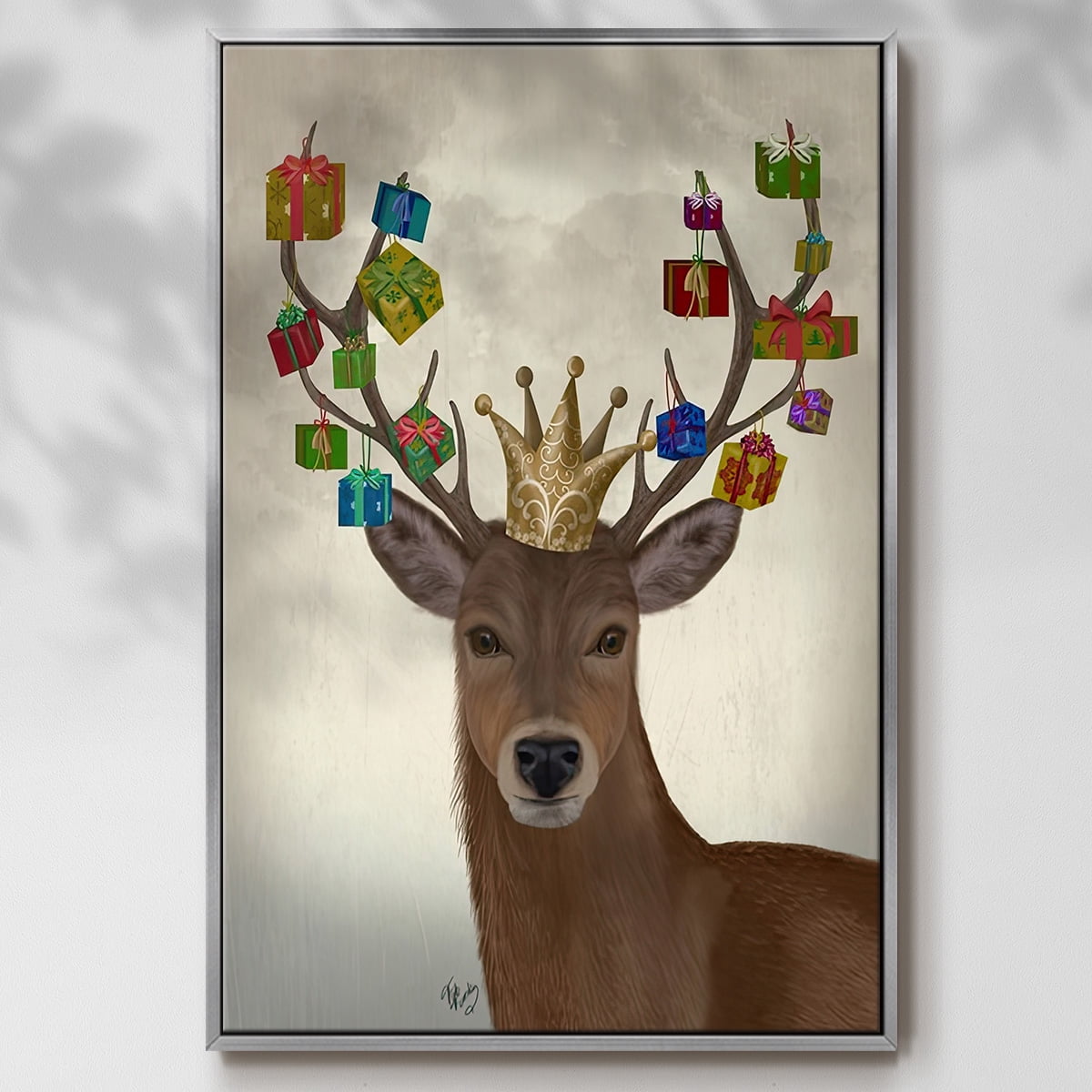Christmas Gift Bearing Deer - Framed Gallery Wrapped Holiday Canvas - 27 x 41 - Silver Frame
