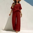 thumbnail image 3 of Ynynloco 2 Piece Cotton Linen Outfits for Women Casual Tracksuit Short Sleeve Tops And Wide Leg Long Pants Matching Lounge Sets, 3 of 8