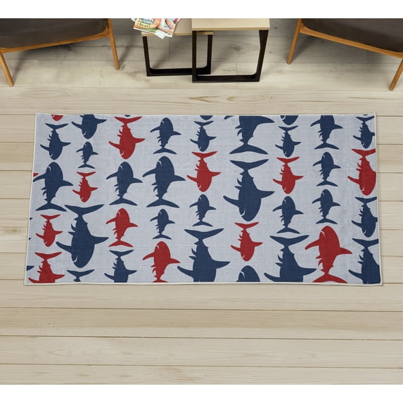 Sea Animals Decorative Rug, Monochrome Shark Illustration Fashion Maritime Illustration Aquatics, Quality Carpet for Bedroom Dorm and Living Room, 6 Sizes, Navy Blue, by Ambesonne