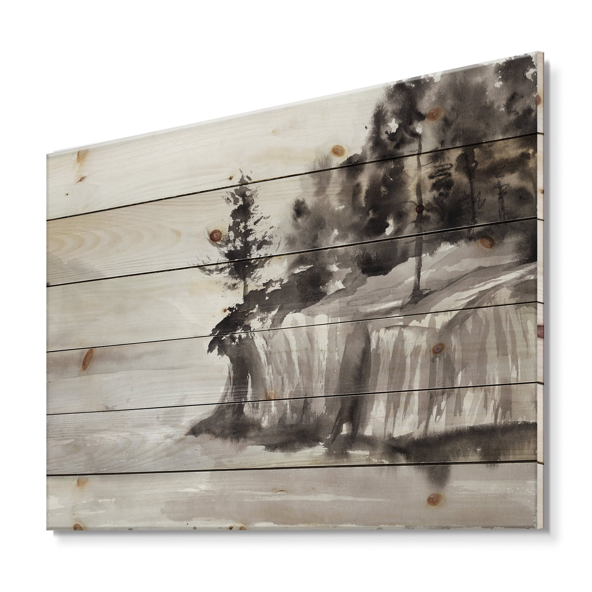 Designart 'Black & White Cliffs By The Lake' Nautical & Coastal Print on Natural Pine Wood