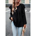 thumbnail image 3 of Solid Round Neck Ruffle Shoulder Crochet Detail Blouse for Women Black X-Large, 3 of 5