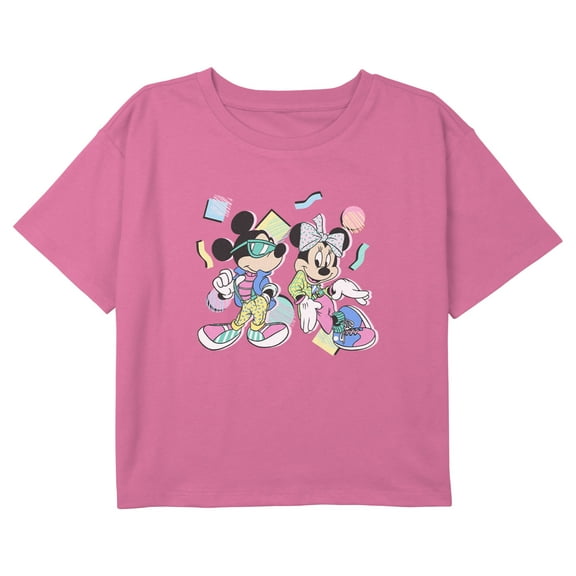 Girl's Mickey & Friends Retro '80s Minnie and Mickey Mouse Graphic Cropped T-Shirt Light Pink Small