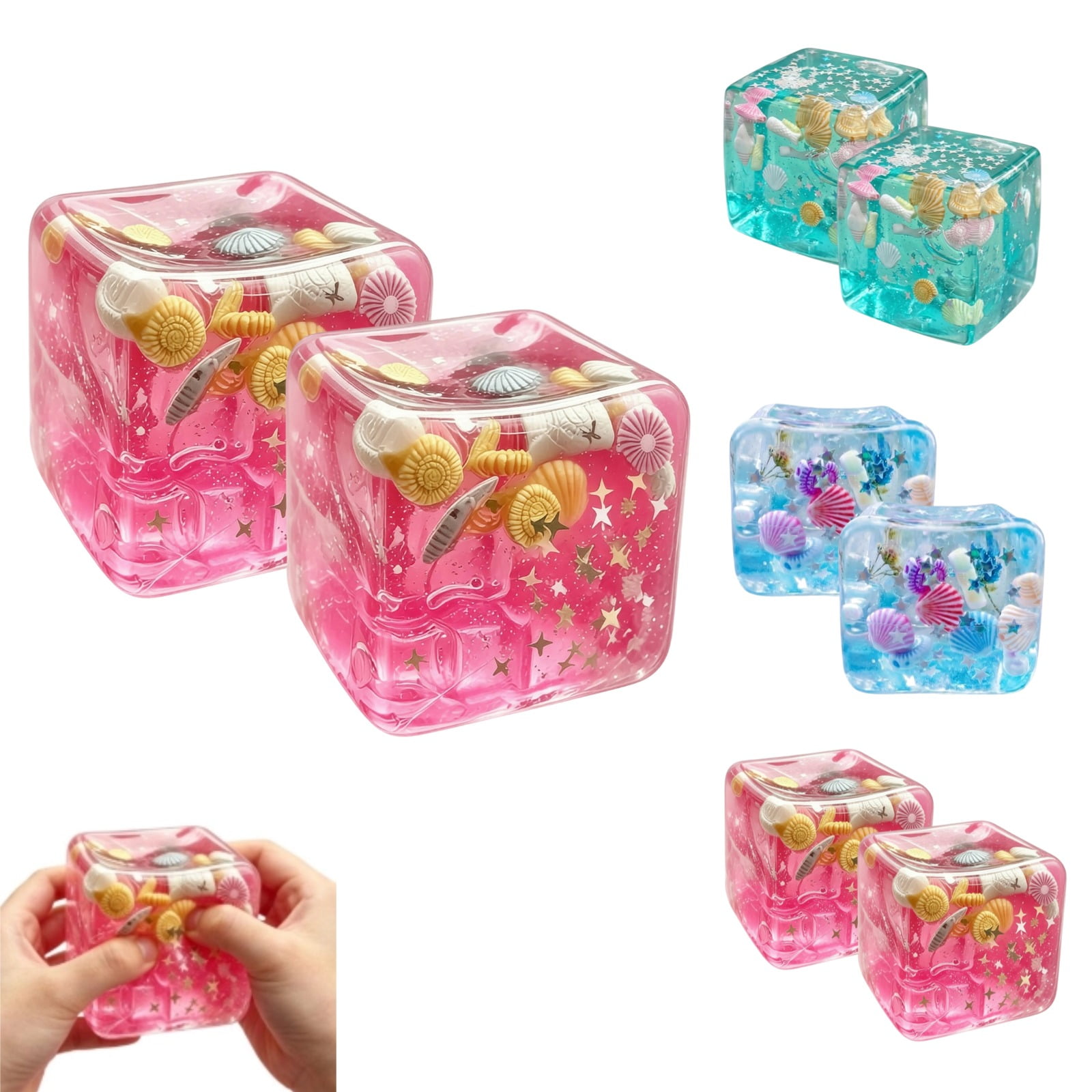2 PCS Cube Squishies, Squishies Cube, Fidget Toys Adults & Teens Easter Basket Stuffers, Glitter Sensory Stress Ball Square Squeeze Toys for Stress Relief(Pink)