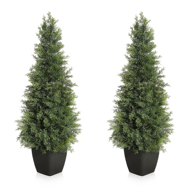 Set of 2 Artificial Cedar Topiary Trees,3Ft Tall Faux Pine Shrubs in Nursery Planter,Realistic Outdoor & Indoor Cypress Bushes for Front Porch, Garden, Office & Home Décor