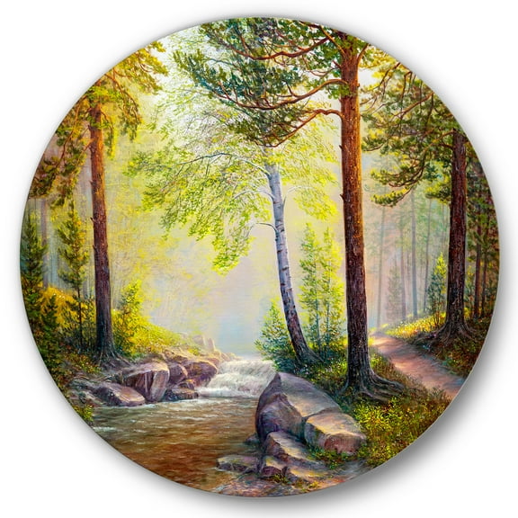 Designart 'Afternoon Light Through The Forest Trees' Traditional Circle Metal Wall Art 36x36 - Disc of 36