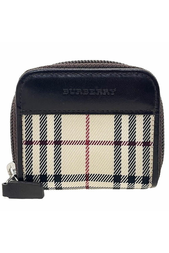 Pre-Owned Burberry Check Double Zip Coin Case, Nylon & Leather, Beige Dark Brown, Round,...