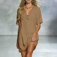 thumbnail image 4 of Ygbgbb Women V‑Neck Henley Mini Tunic Dress, Short Sleeve Half‑Placket Loose Fit Casual Shift Dress for Beach Cover‑Up and Everyday Summer Wear Coffee XL, 4 of 8