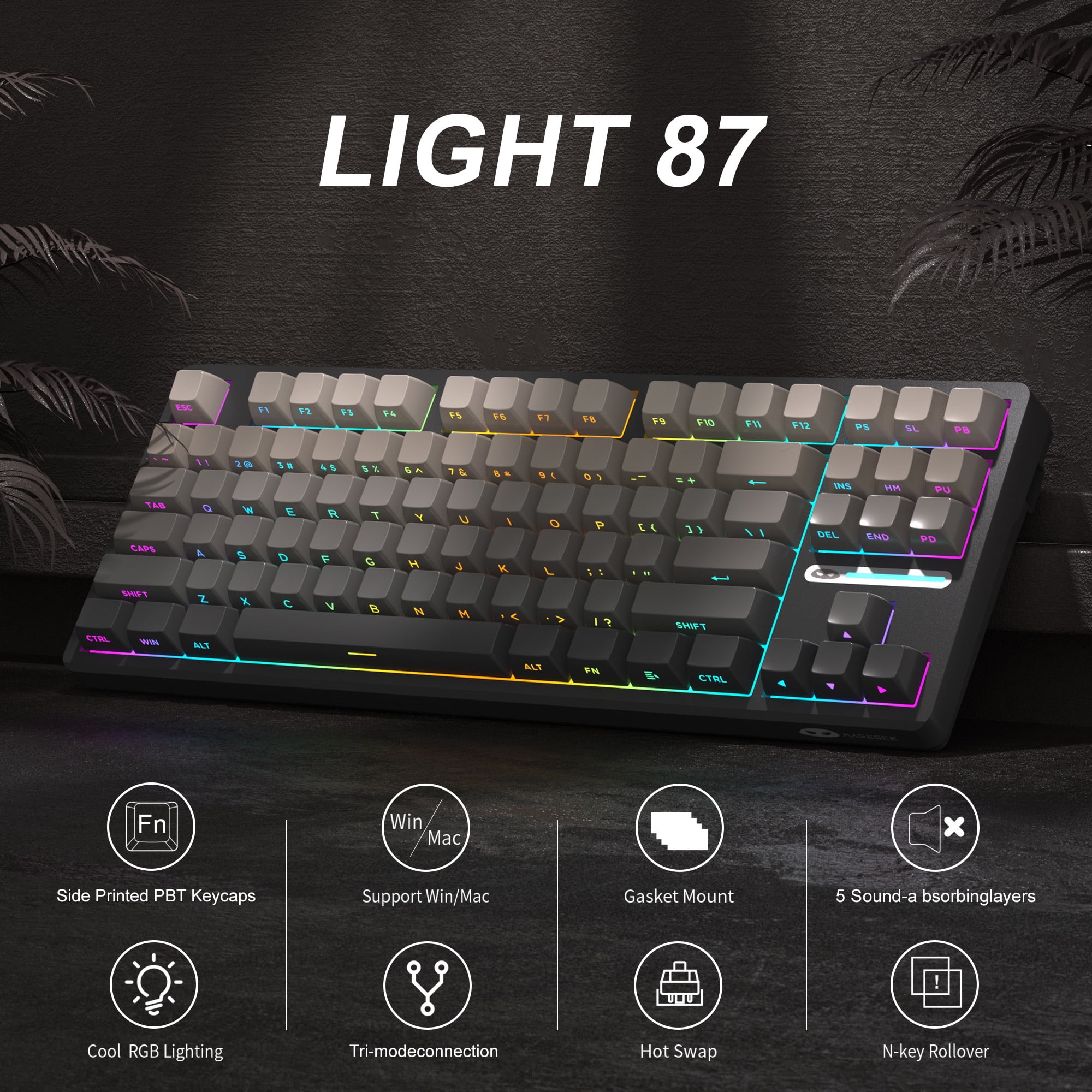 MageGee LIGHT87 Wireless Creamy Keyboard, Gasket Structure, RGB Backlit, 2.4G/USB-C/BT5.0 Hot Swappable Mechanical Gaming Keyboard for Win/Mac/PC, 8000mAh Battery, Side Printed PBT Keycaps, Black