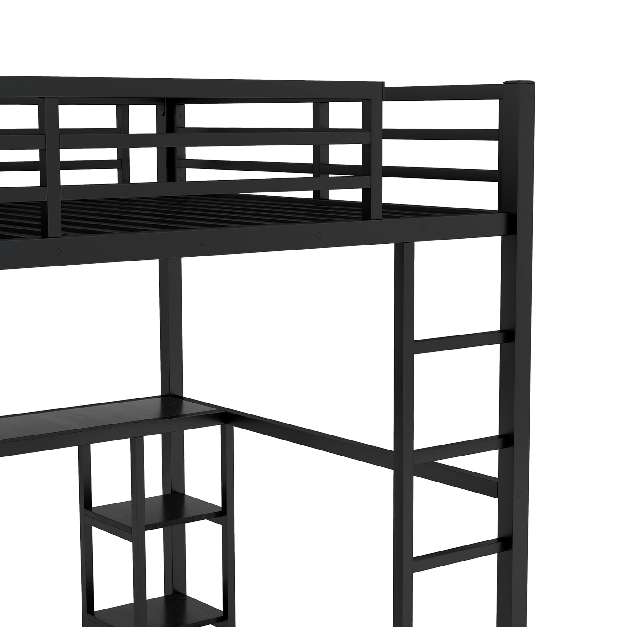 Mintazer Queen Size Loft Bed Frame with Built-in Wardrobe, Sturdy Metal Loft Bed with Desk and Storage Shelves, Black
