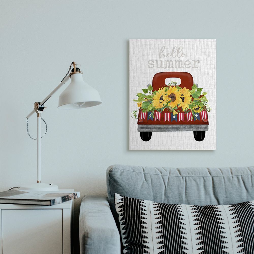 Stupell Industries Hello Summer Quote Sunflower Flower Patriotic Truck Canvas Wall Art Design by Lettered and Lined, 24" x 30"
