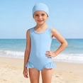 thumbnail image 1 of Solid Color Girls Swimsuit Set with Matching Cap Comfortable Swimwear for Pool and Beach, 1 of 3