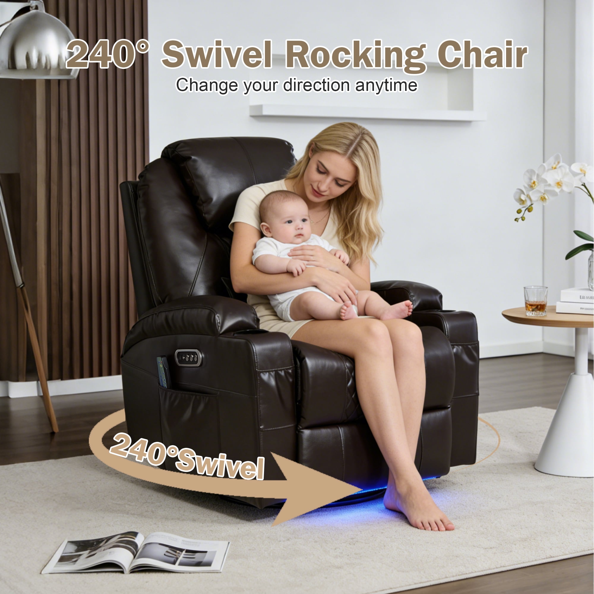QJTC Power Swivel Rocker Recliner Chair for Living Room - Rocking Recliner with Heat and Massage/Cup Holder/LED Lights/USB & USB-C Ports (Set of 2, Black)
