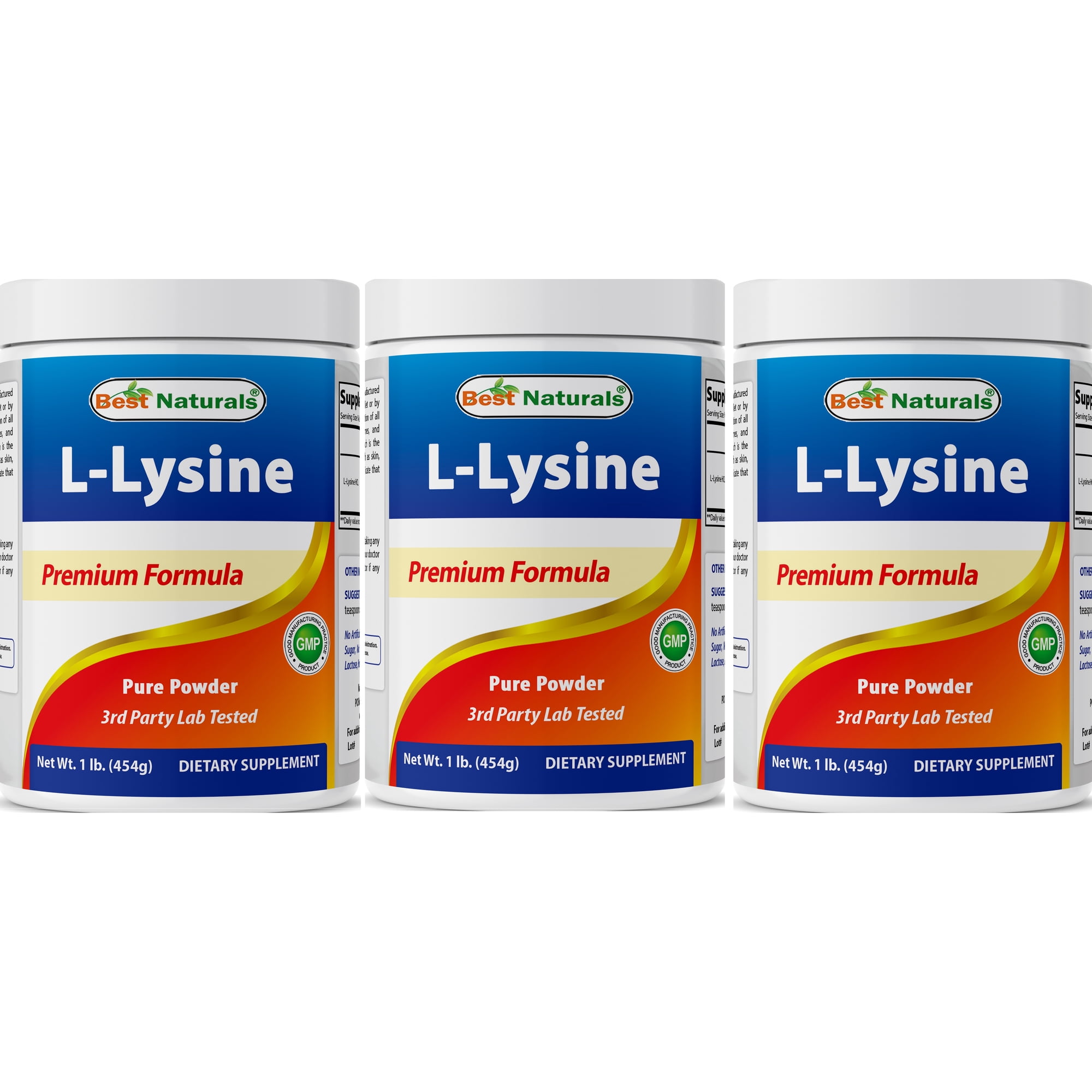 3 Pack Best Naturals Lysine 1 Lb (454g) Powder | 100% Pure