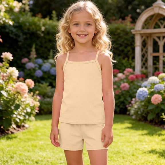 Amidoa Girls Summer 2 Piece Outfits Kids Solid Color Spaghetti Straps and Shorts Casual Cute Clothing Sets Beige Size 4T