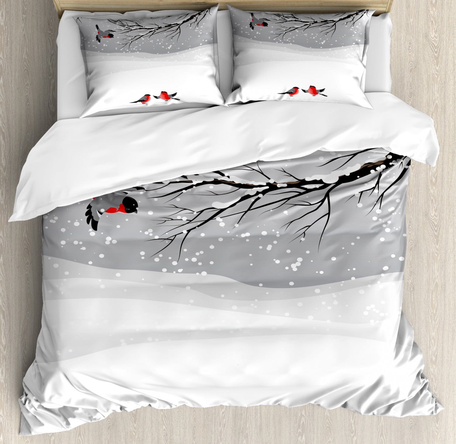 Winter Queen Size Duvet Cover Set, Winter Season Snow Colorful Happy