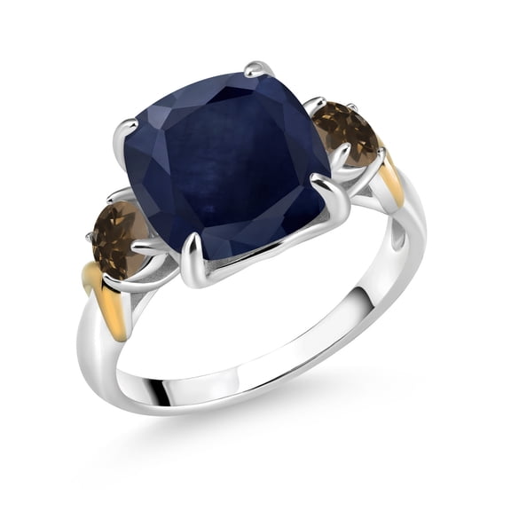 Gem Stone King 925 Silver and 10K Yellow Gold Blue Sapphire and Brown Smoky Quartz 3 Stone Ring for Women (5.12 Cttw, Gemstone September Birthstone, Cushion 10MM, Round 4MM, Size 9)