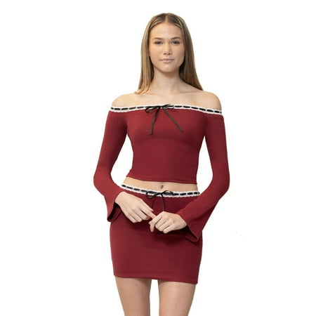 Juniors' madden girl 2-Piece Long Sleeve Top & Mini Skirt Color: Wine Size: X LARGE