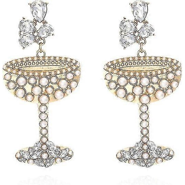 2026 Creative Champagne Wine Glass Dangle Earrings Shining Crystal Rhinestone Pearl Beads Wine Bottle Earrings for Women Girls Jewelry