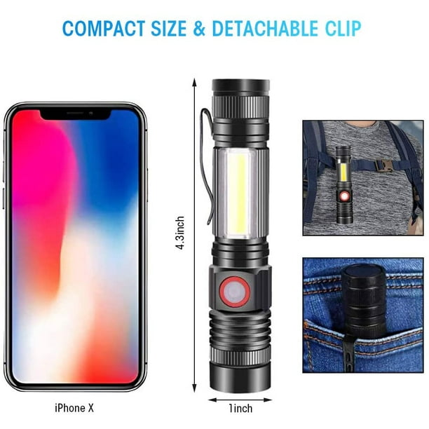 Lampe Torche LED Rechargeable USB, Lampe de Poche 600 Lumens, IP65 Étanche,  4 Modes Eclairage, Lampe de Poche Zoomable pour Ménage, Le Camping, La  Randonnée, D'urgence (Batterie Incluse) 