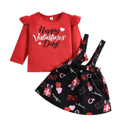 

TAIAOJING Baby Girl Clothes Toddler Kids Valentine s Day Outfit Long Sleeve Letter Heart Shirt Tops Suspender Strap Skirts Set Fall Clothes 3-4 Years