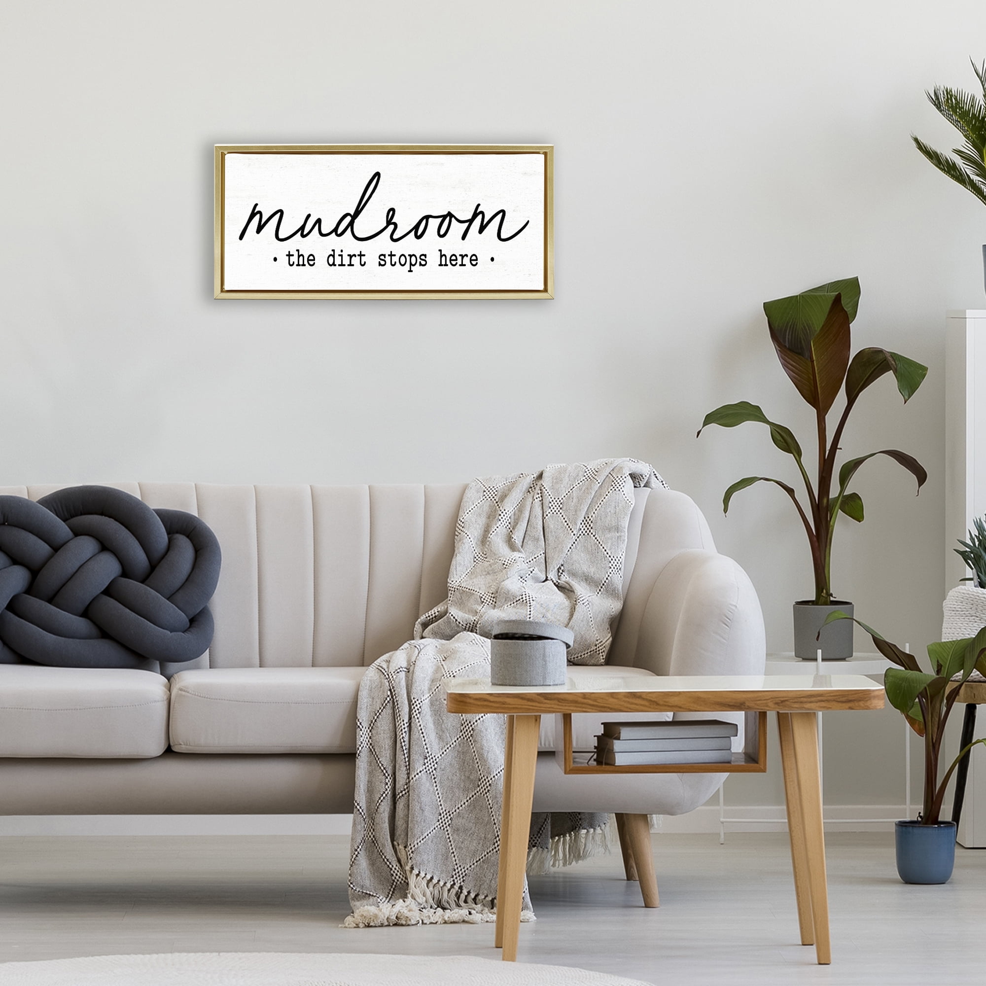 Mudroom Script Dirt Stops Here Gold Framed Floater Canvas Wall Art, design by Lettered and Lined