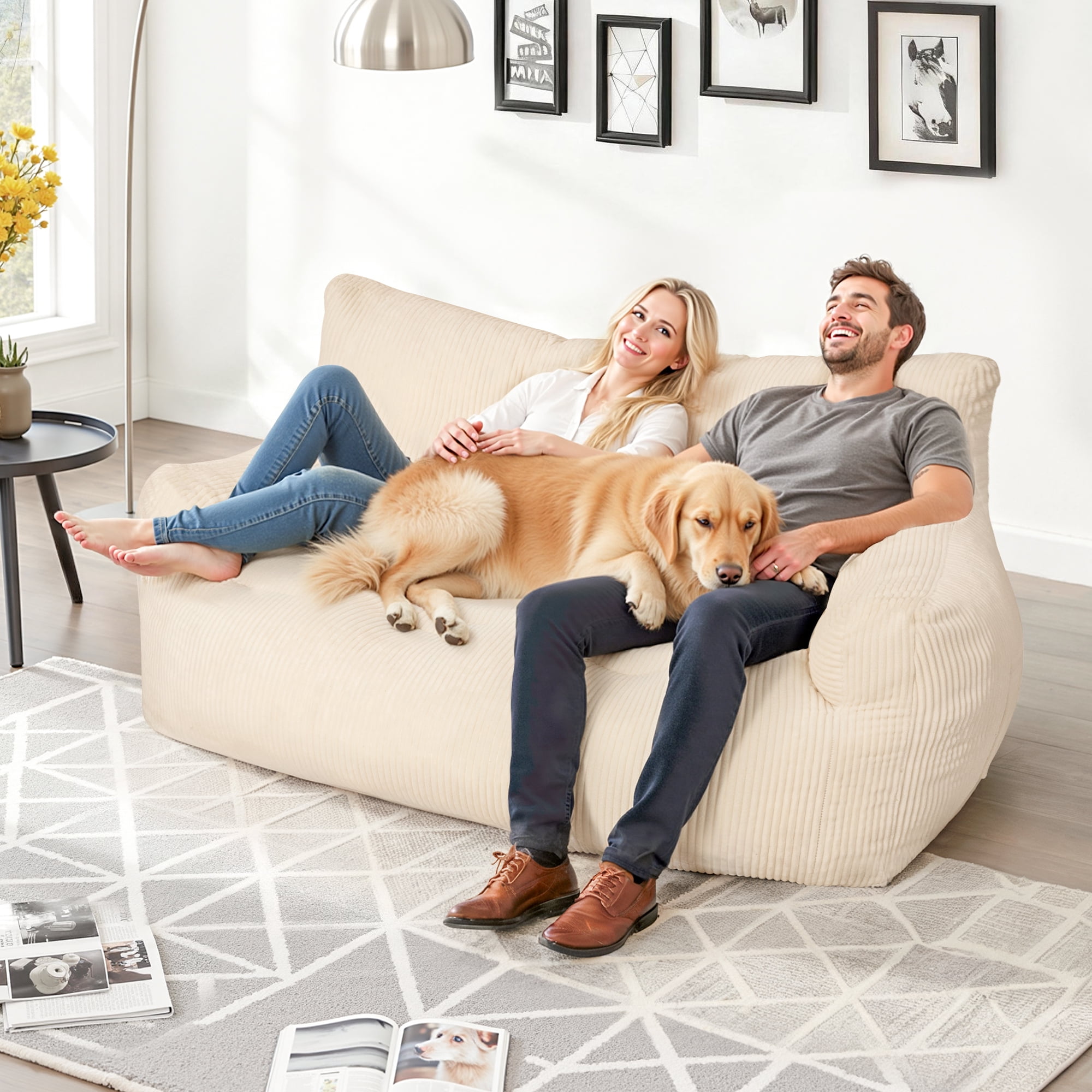 2-Person Foam Filled Bean Bag Chair, Plush Corduroy Lazy Sofa