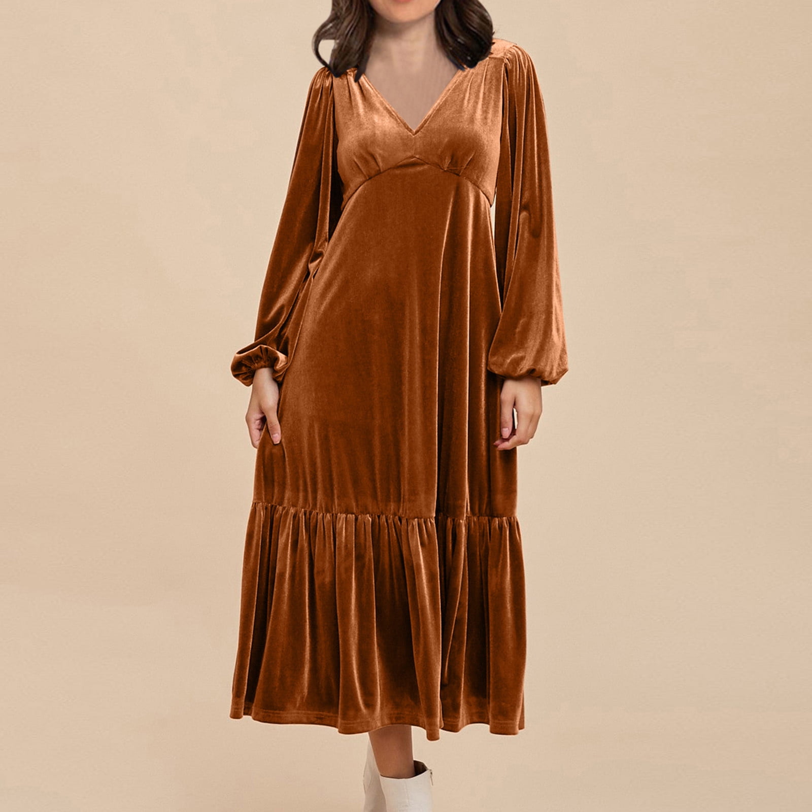 Women's Dressy Dress Puff Long Sleeve V Neck Tiered Casual Loose Velvet Dress Trendy Cocktail Party Night Elegant Midi Dress Yellow,M