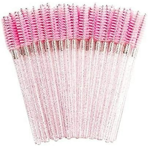 50 PCS Disposable Eyelash Brushes Mascara Wands Eye Lash Eyebrow Applicator/Castor Oil Applicator Cosmetic Makeup Brush Tool Kits (Pink/Clear-Glitter)