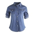 thumbnail image 6 of Womens Pockets Blue Loose Jean Soft Denim Blouse Jumper V-neck Long Sleeve Shirts Tops Blouses Sunsuit Clothes Outwear, 6 of 7
