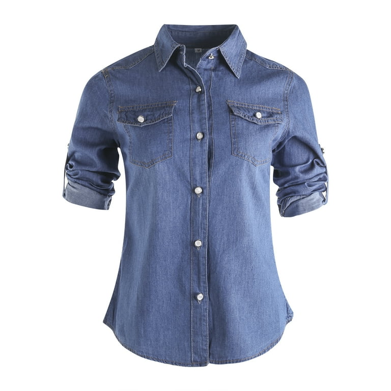 Women Denim Shirt Jacket Coat Pocket Long Sleeve Button Top Shirt