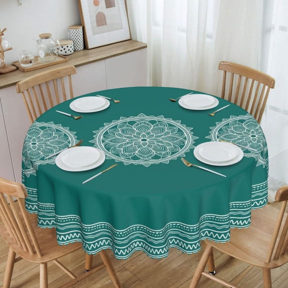 Three White Mandala Patterns On Round Tablecloth Waterproof Table Cloth Stain and Wrinkle Resistant Washable, Decorative Fabric Table Cover for Dining, Party and Camping