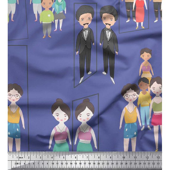 Soimoi Purple Silk Fabric Mirror Theme Human Figure Printed Fabric 1 Yard 42 Inch Wide