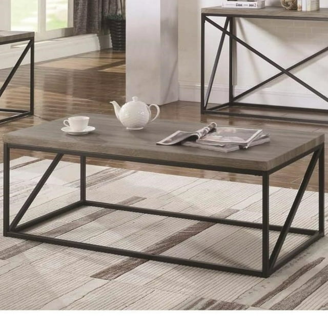 Benzara Industrial Style Minimal Table basse avec plateau en bois et base métallique, gris