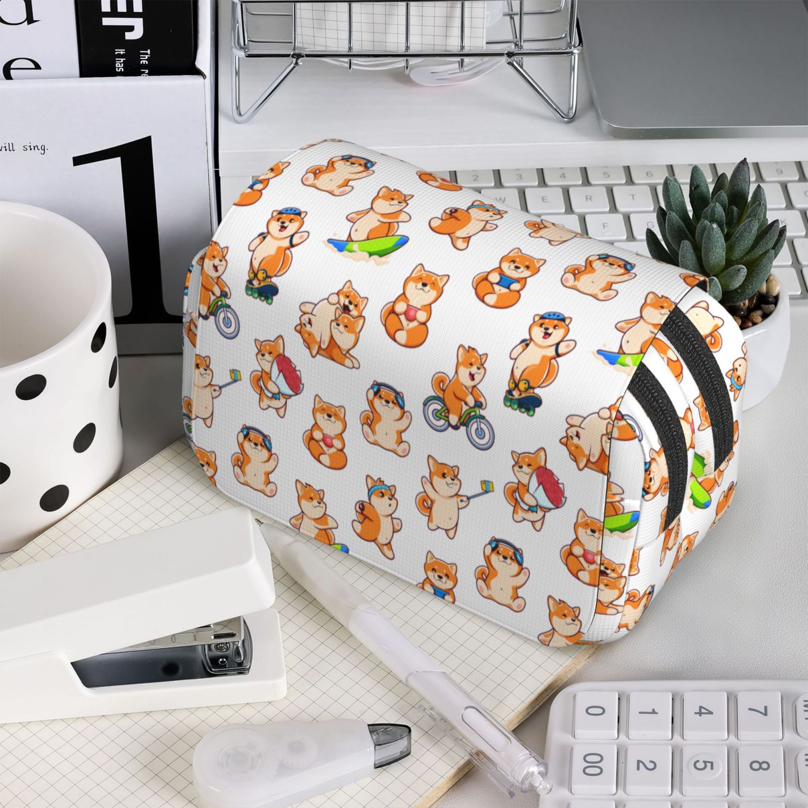 Rateoe Kawaii Shiba Dog Pattern Double Clamshell Pen Case, Storage Organizer with Two Zipper Compartments– Holds Up to 50 Pencils & Pens