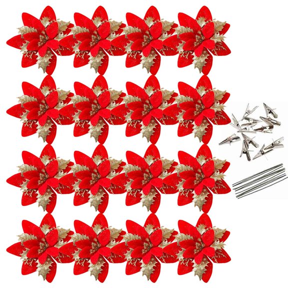 16 Pcs Christmas Poinsettia Artificial Flowers Decorations, 5.5" Christmas Tree Wreaths Garland Decor with Clips and Stems, Glitter Flowers Picks Decor for Xmas New Year Wedding Party Ornaments