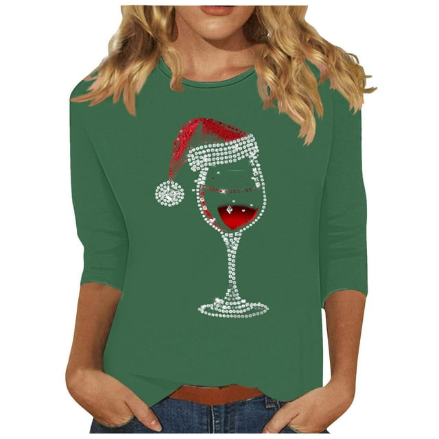 RKSTN Chandail pour Femmes à la Mode Imprimé Décontracté Col Rond Chandail à Enfiler Haut à Manches 3/4 Chandail de Noël