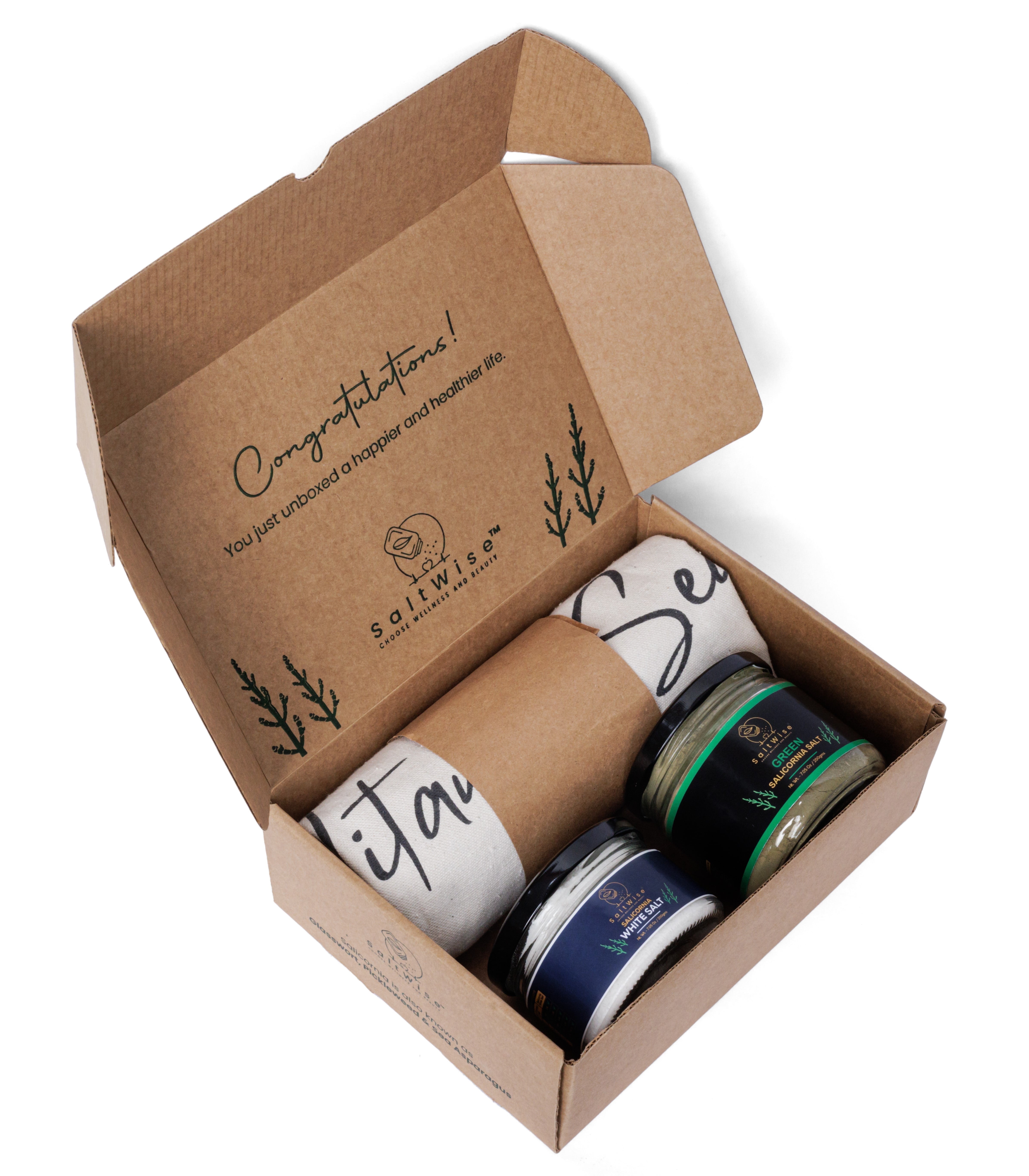 SaltWise Green & White Salicornia Salt Gift Set Low Sodium Plant Based Vegan 14.1 oz 400g Includes Gift Tote & Salt Shaker
