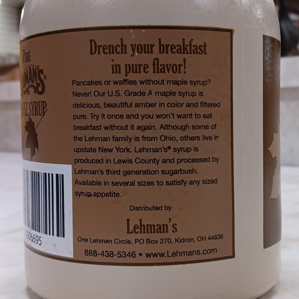 Lehman's Real Pure Maple Syrup U.S. Grade A Medium Amber 1 Quart Jug